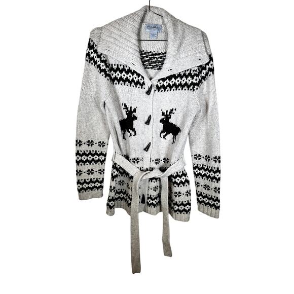 Eddie Bauer Collectibles Deer Cardigan Women’s Large Beige Tie Waist Y2K VTG - Picture 1 of 12